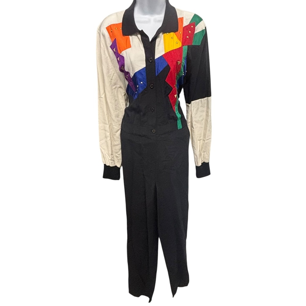 Vintage Saint Germain Sport Colorblock Studded Jumpsuit Black Multi PF‎ 88441 40 - Picture 2 of 14